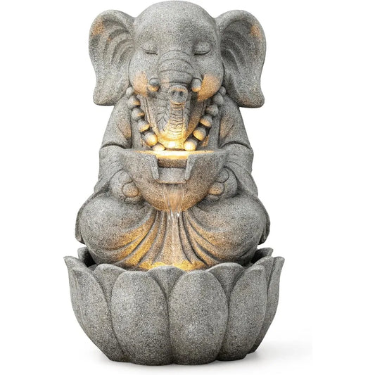 Zen Elephant Outdoor Water Fountain with LED Light