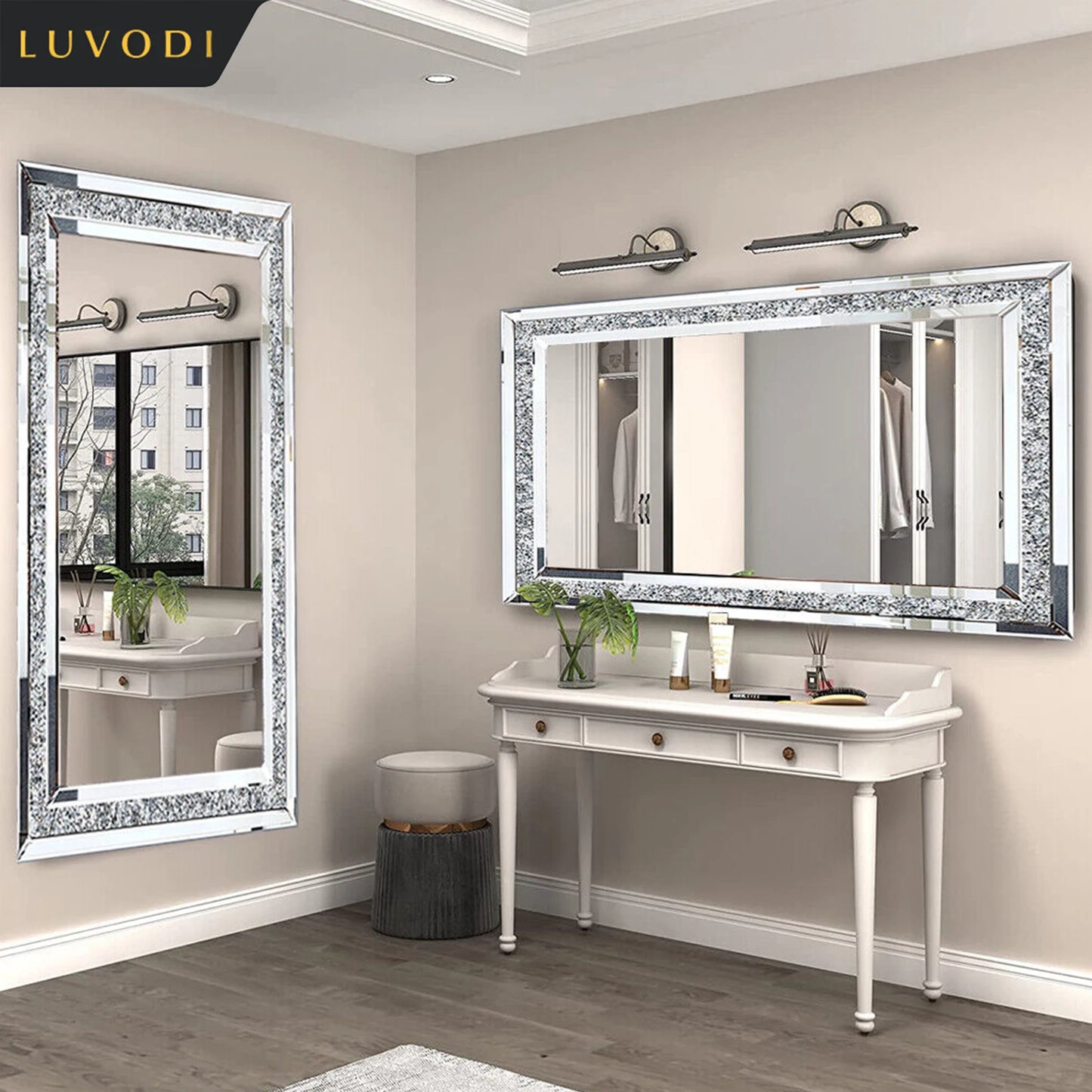 LUVODI Large Silver Sparkly Crystal Frameless Vanity Mirror