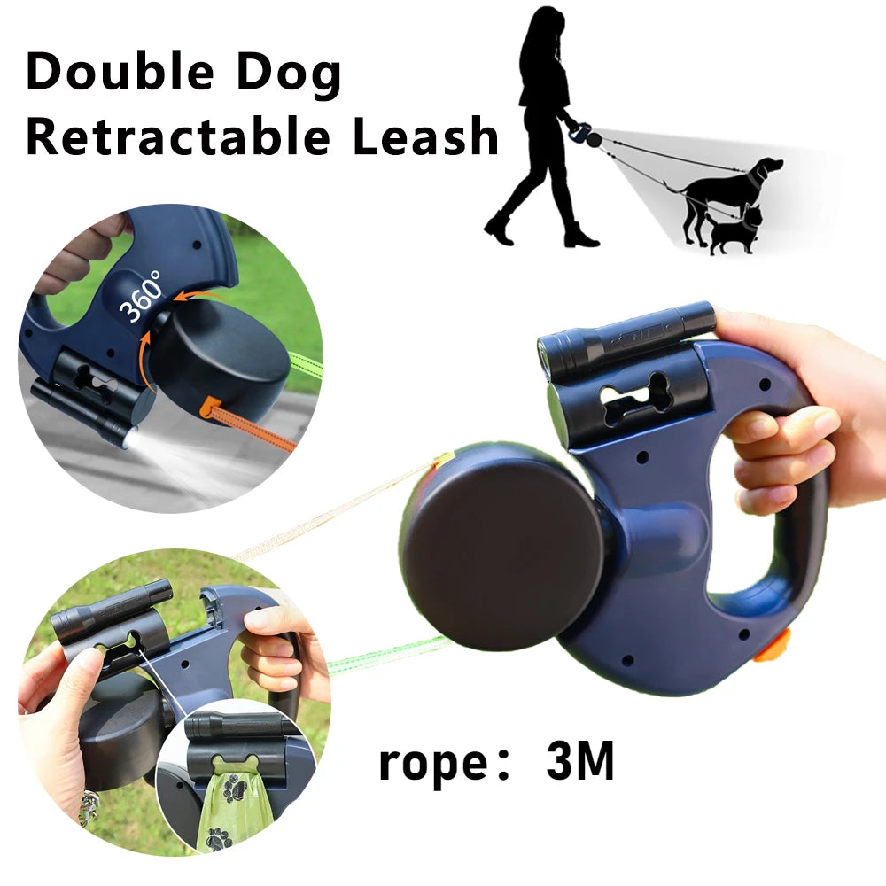 Retractable Dual Dog Leash with LED Light and Reflective Leads