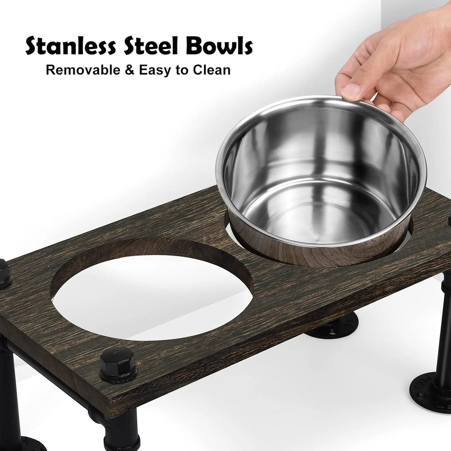 Raised Dog Bowl Stand with Rustic Design and Stainless Bowls