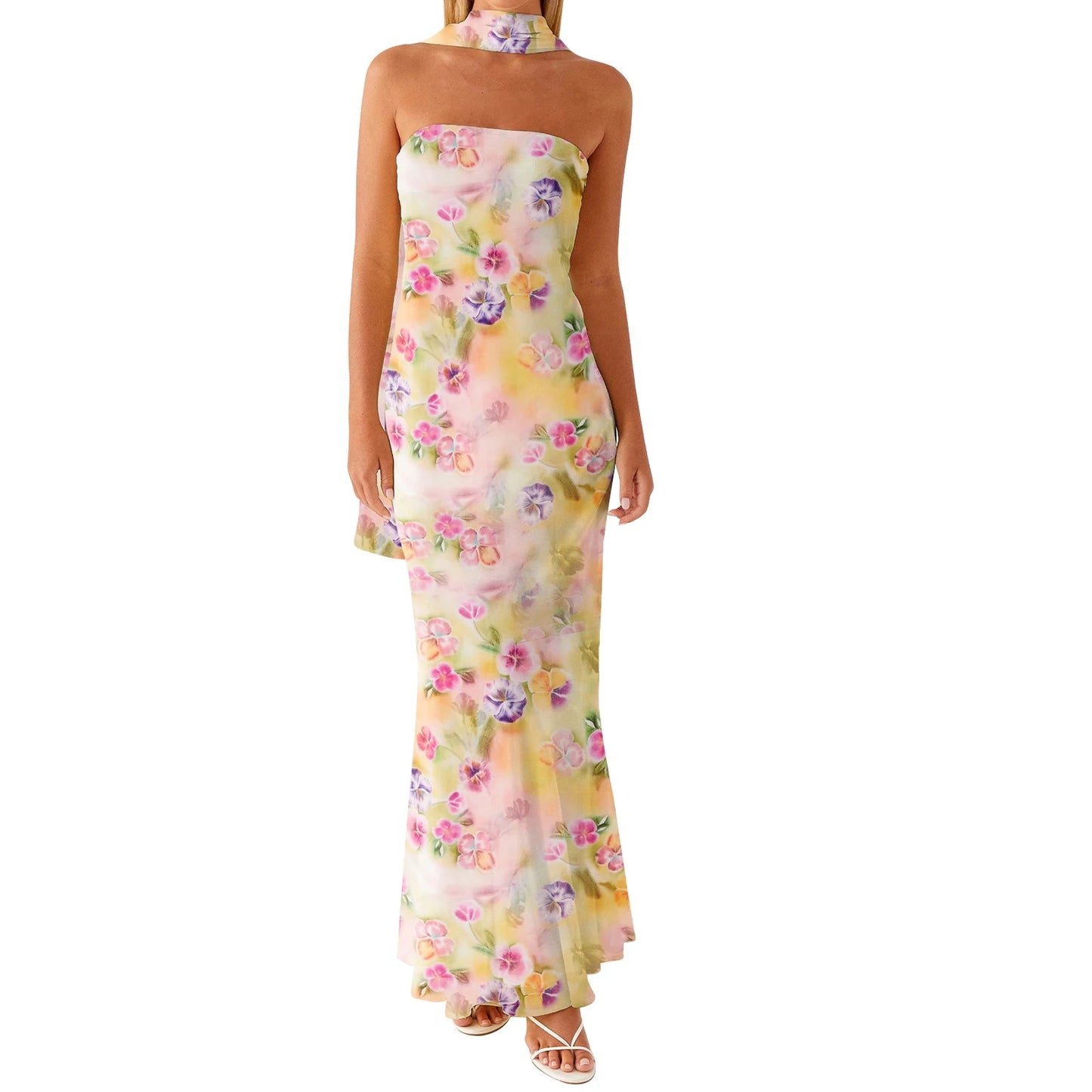 Elegant Floral Print Strapless Maxi Dress with Headscarf