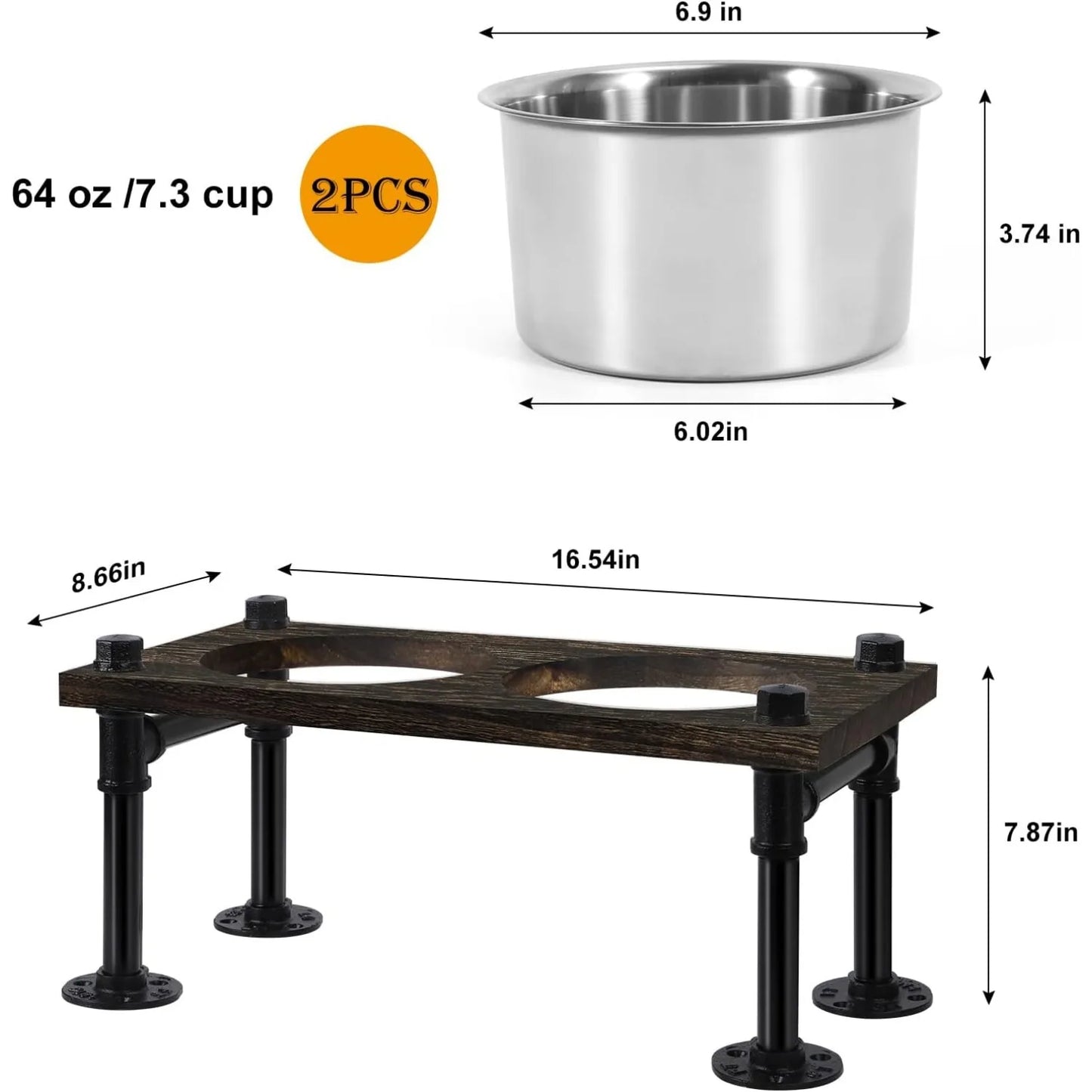 Raised Dog Bowl Stand with Rustic Design and Stainless Bowls