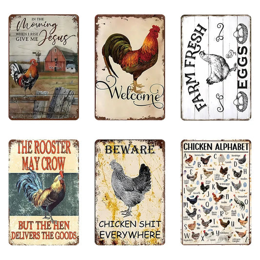 Funny Chicken Decor 6pcs Vintage Metal Tin Signs for Home