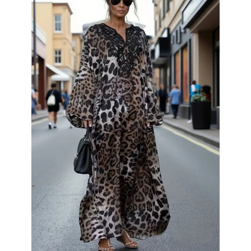 Sexy Leopard Puff Sleeve V Neck Bodycon Dress for Parties