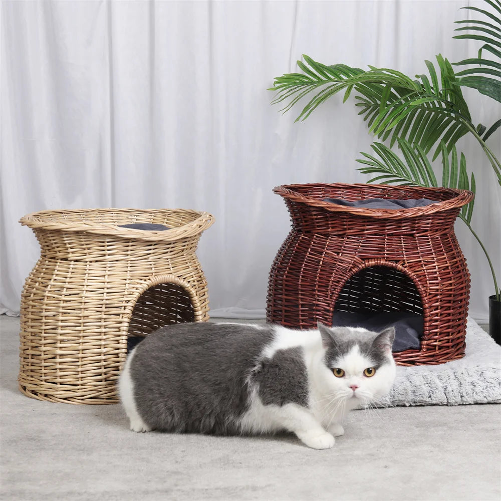 2-Tier Rattan Wicker Elevated Cat House with Soft Cushion