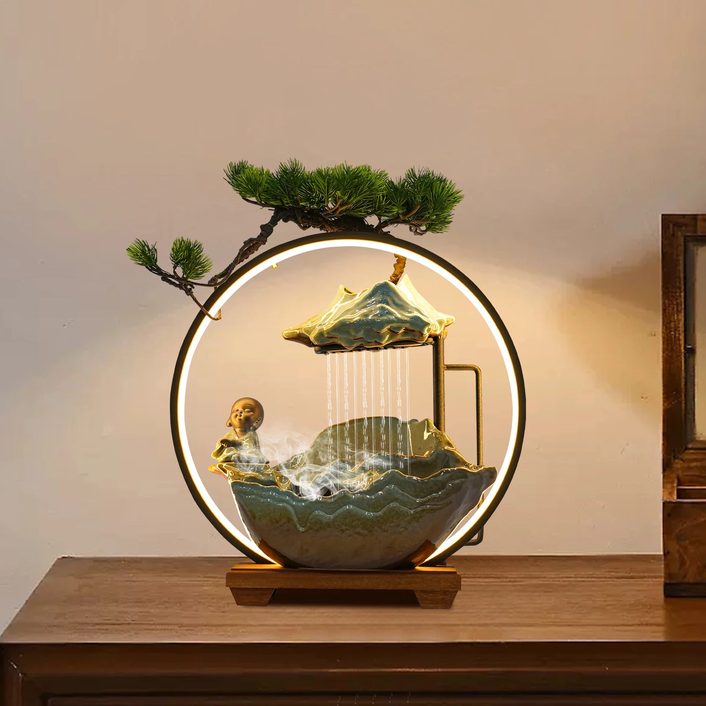 Modern Ceramic and Wood Tabletop Water Fountain for Zen