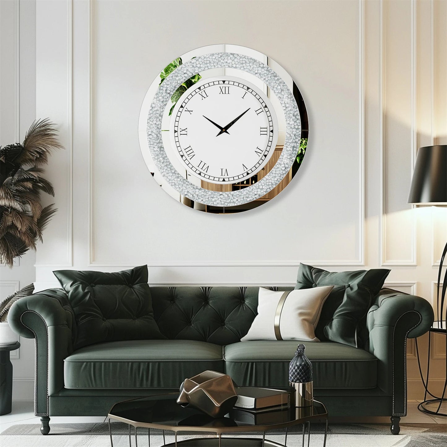 Bling Silver Round Mirror Wall Clock for Glam Home Decor
