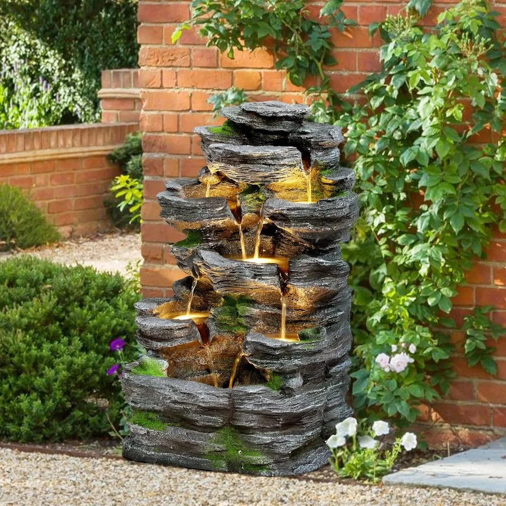 7-Tier Cascading Rock Water Fountain for Outdoor Serenity