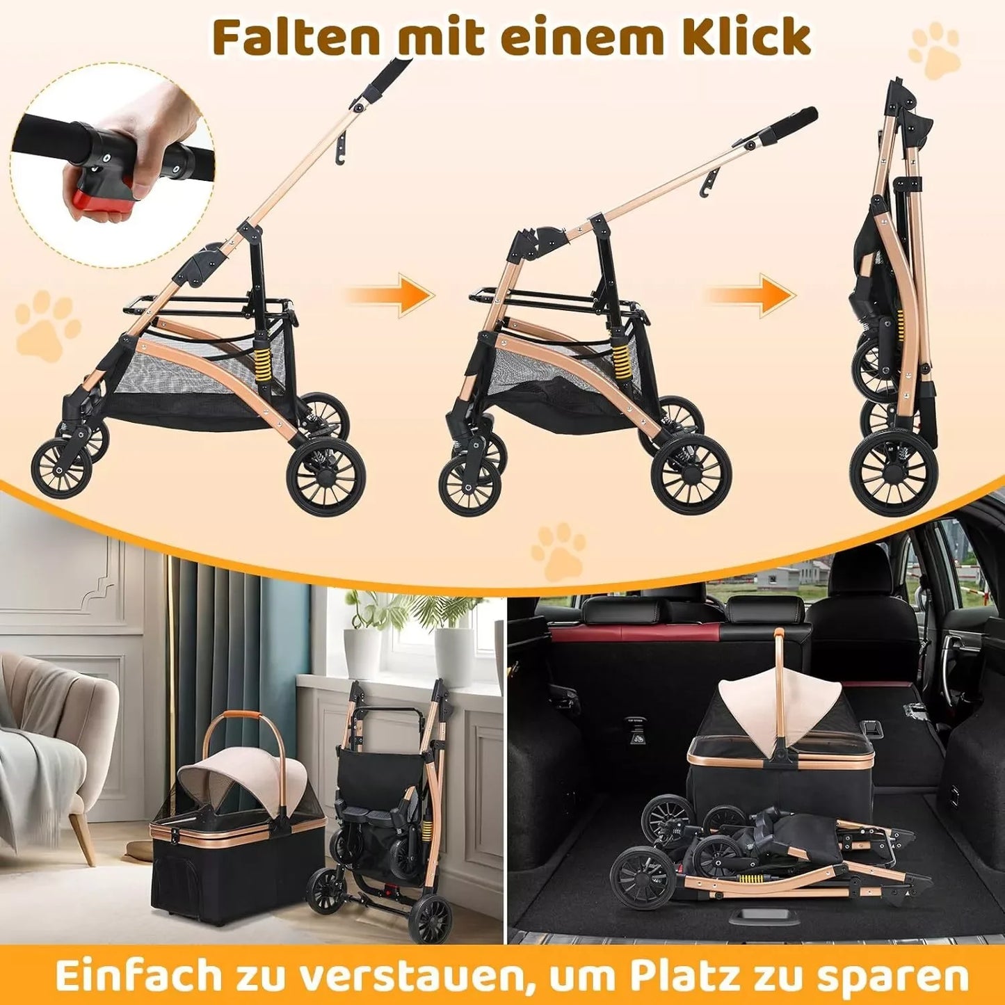 Foldable Dog and Cat Stroller with 360 Degree Wheels