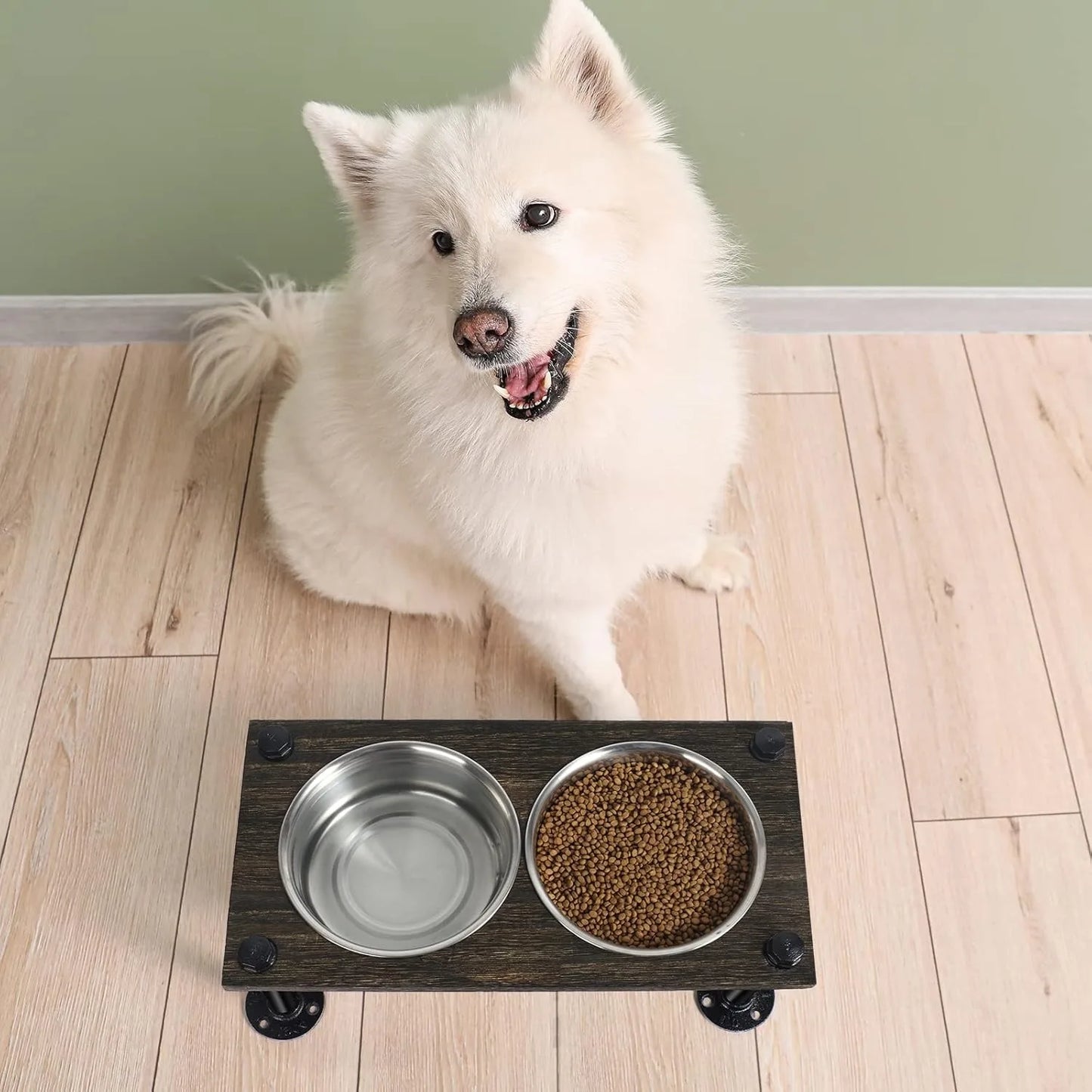 Raised Dog Bowl Stand with Rustic Design and Stainless Bowls