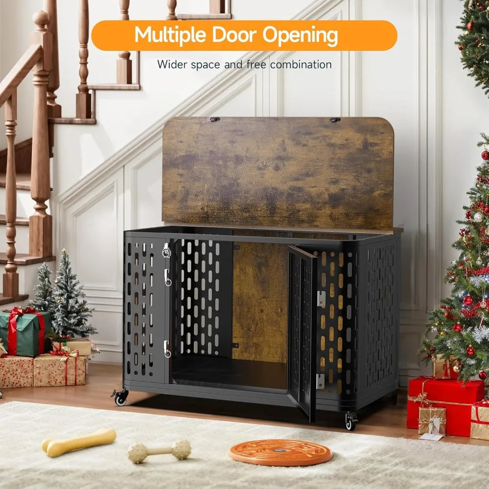 Heavy Duty Dog Crate Furniture with Cushion and Wheels