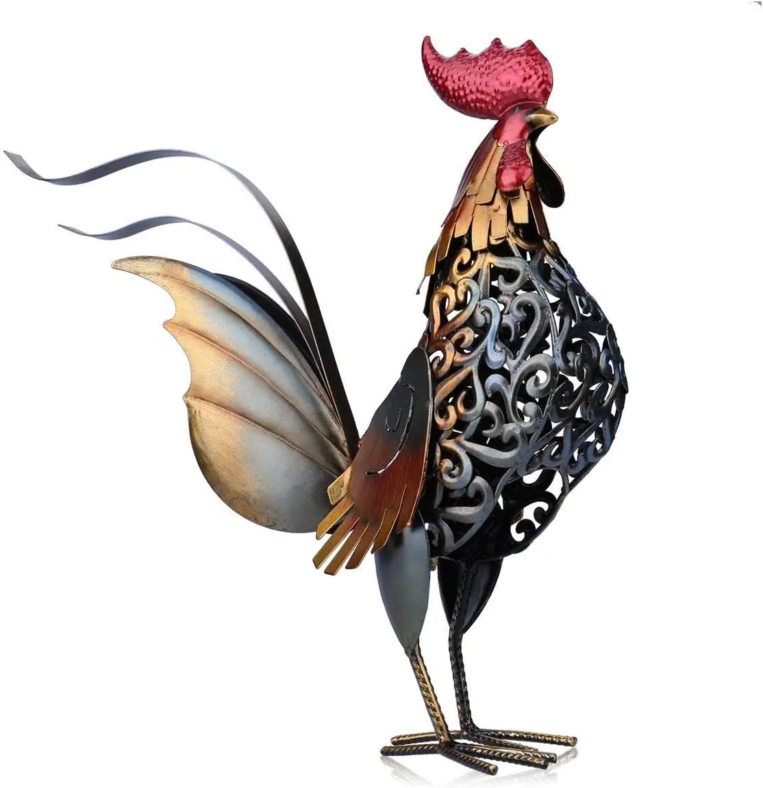 Metal Rooster Sculpture Vibrant Home Garden Decor