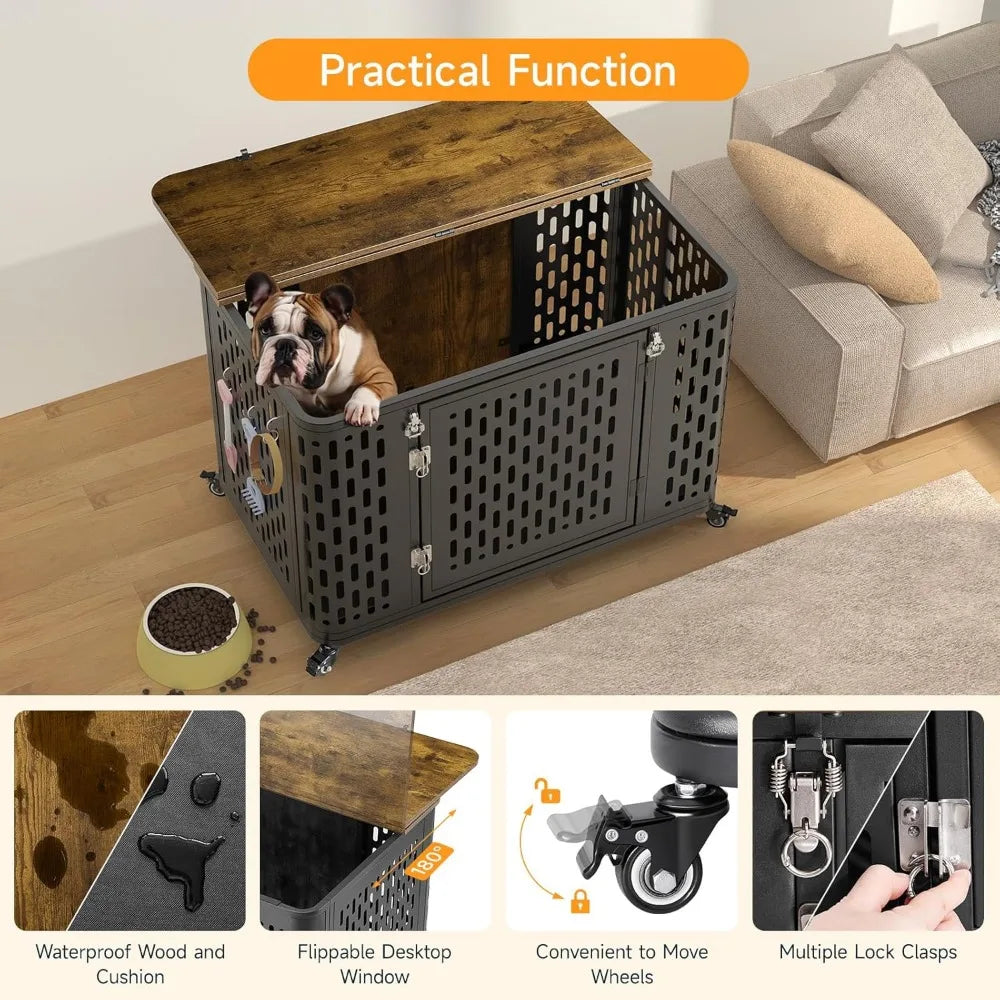 Heavy Duty Dog Crate Furniture with Cushion and Wheels