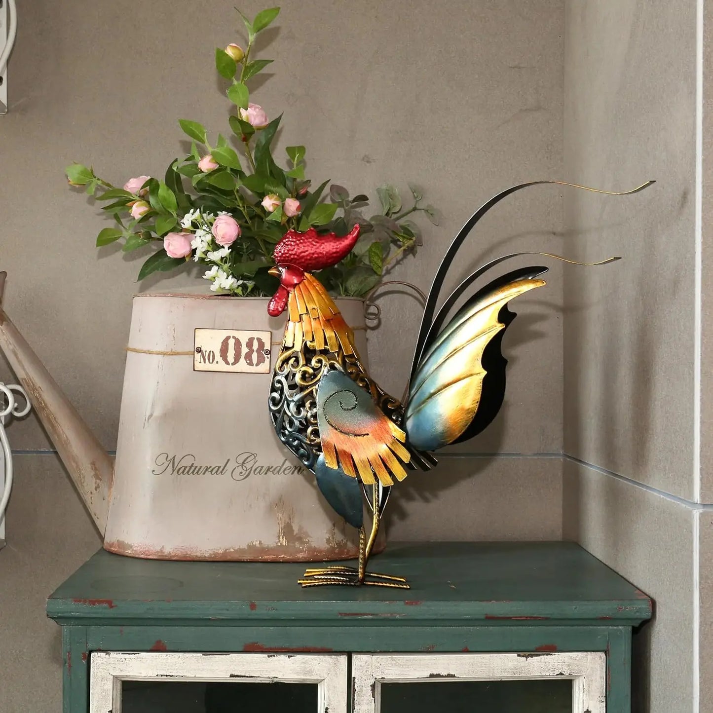 Metal Rooster Sculpture Vibrant Home Garden Decor