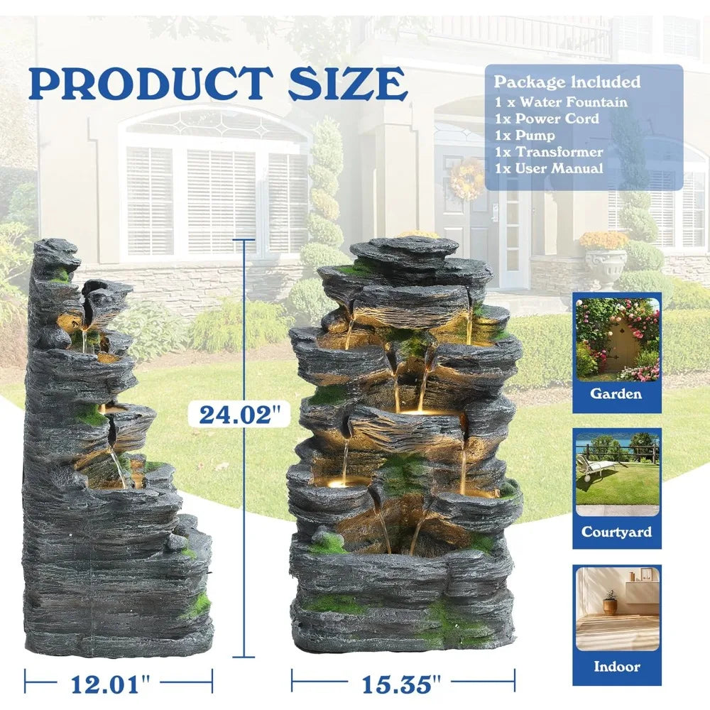 7-Tier Cascading Rock Water Fountain for Outdoor Serenity