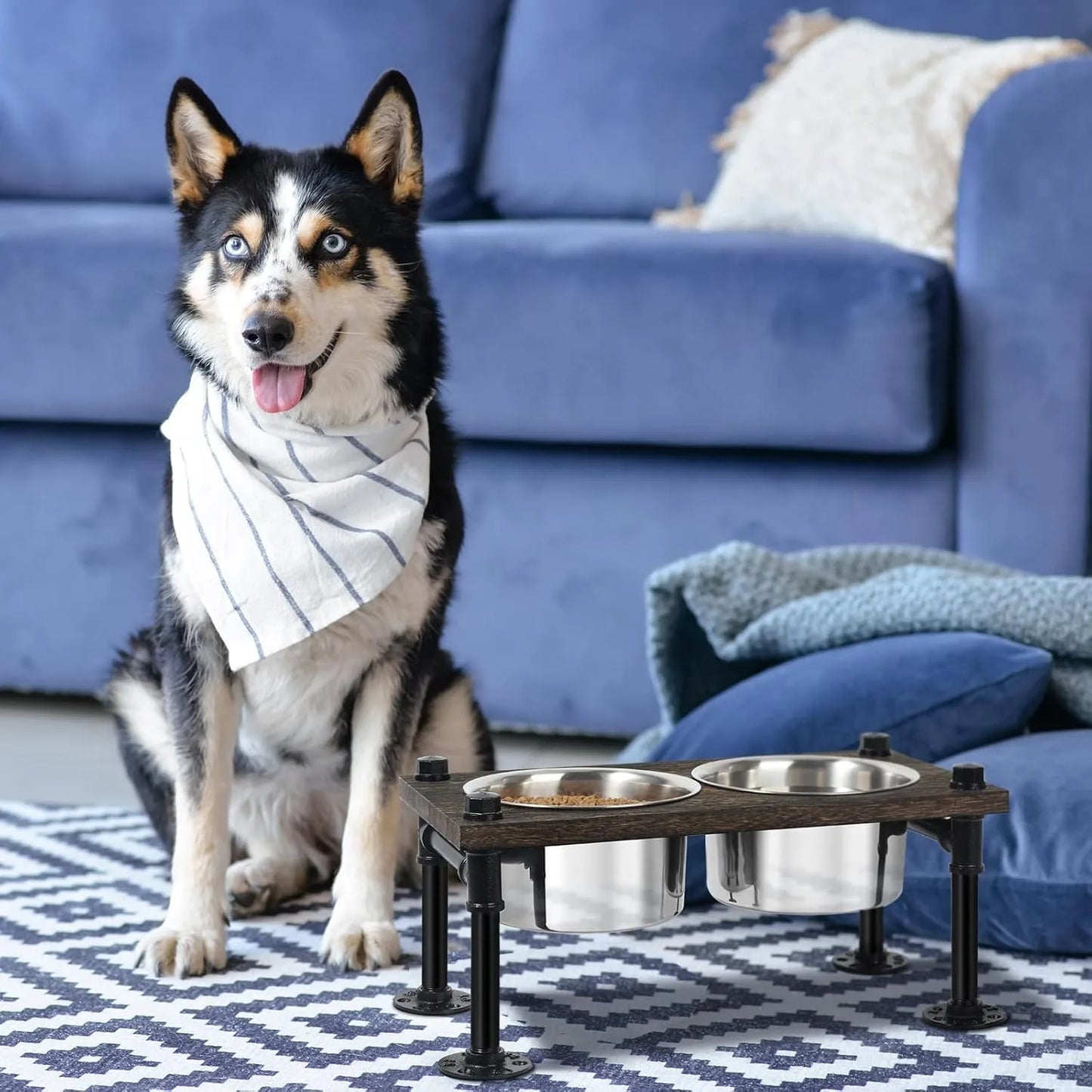 Raised Dog Bowl Stand with Rustic Design and Stainless Bowls
