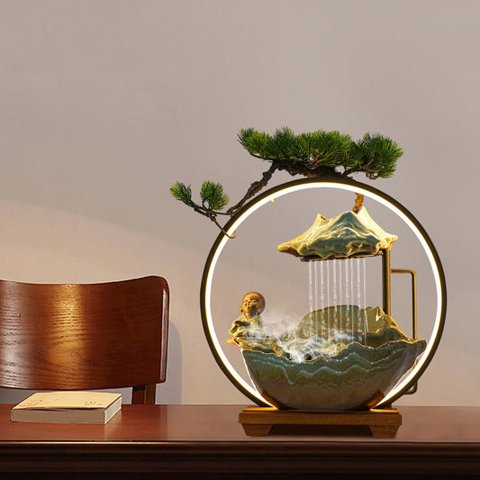 Modern Ceramic and Wood Tabletop Water Fountain for Zen