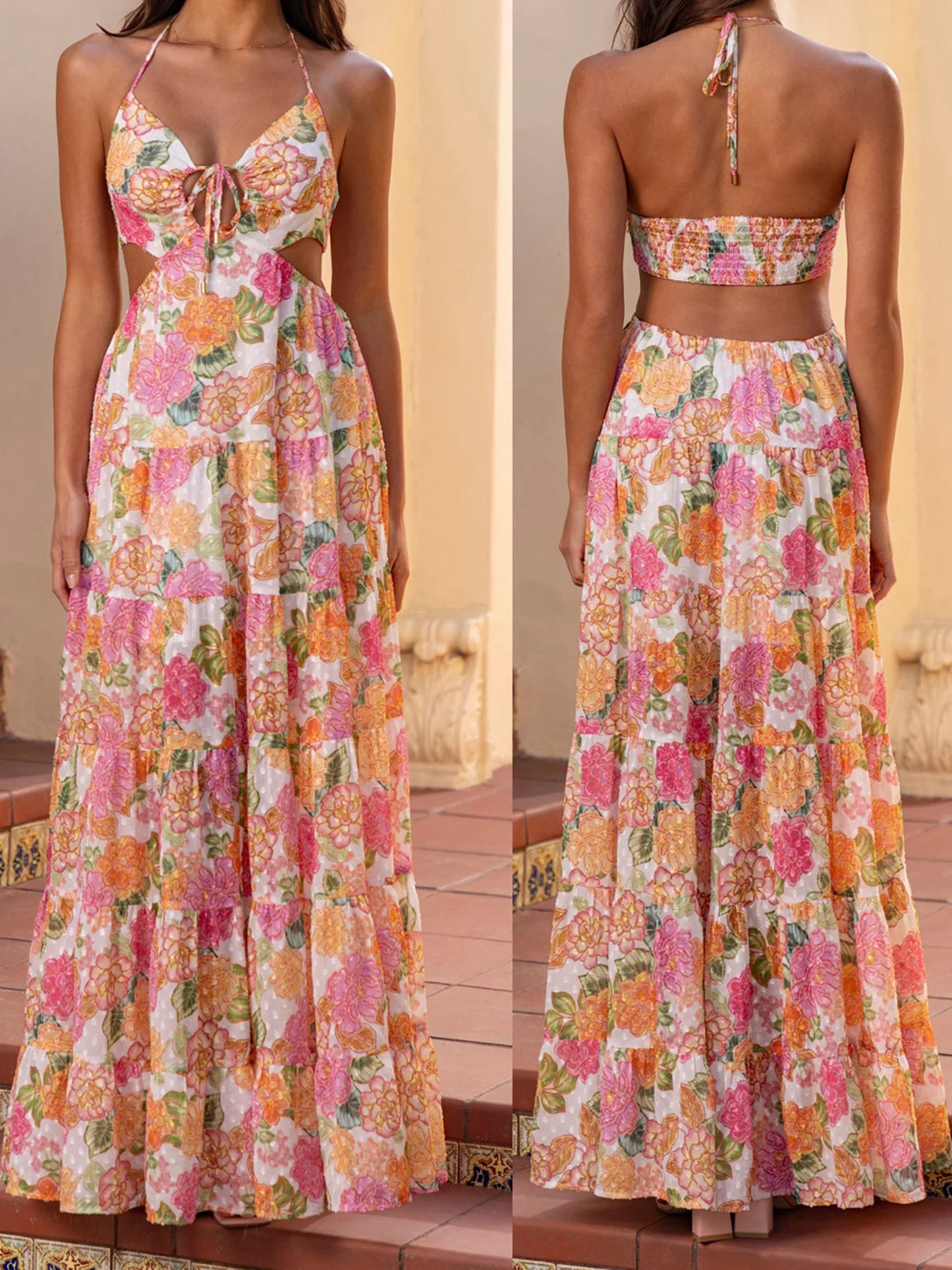 Elegant Boho Chic Maxi Dress with V-Neckline and Ruffles