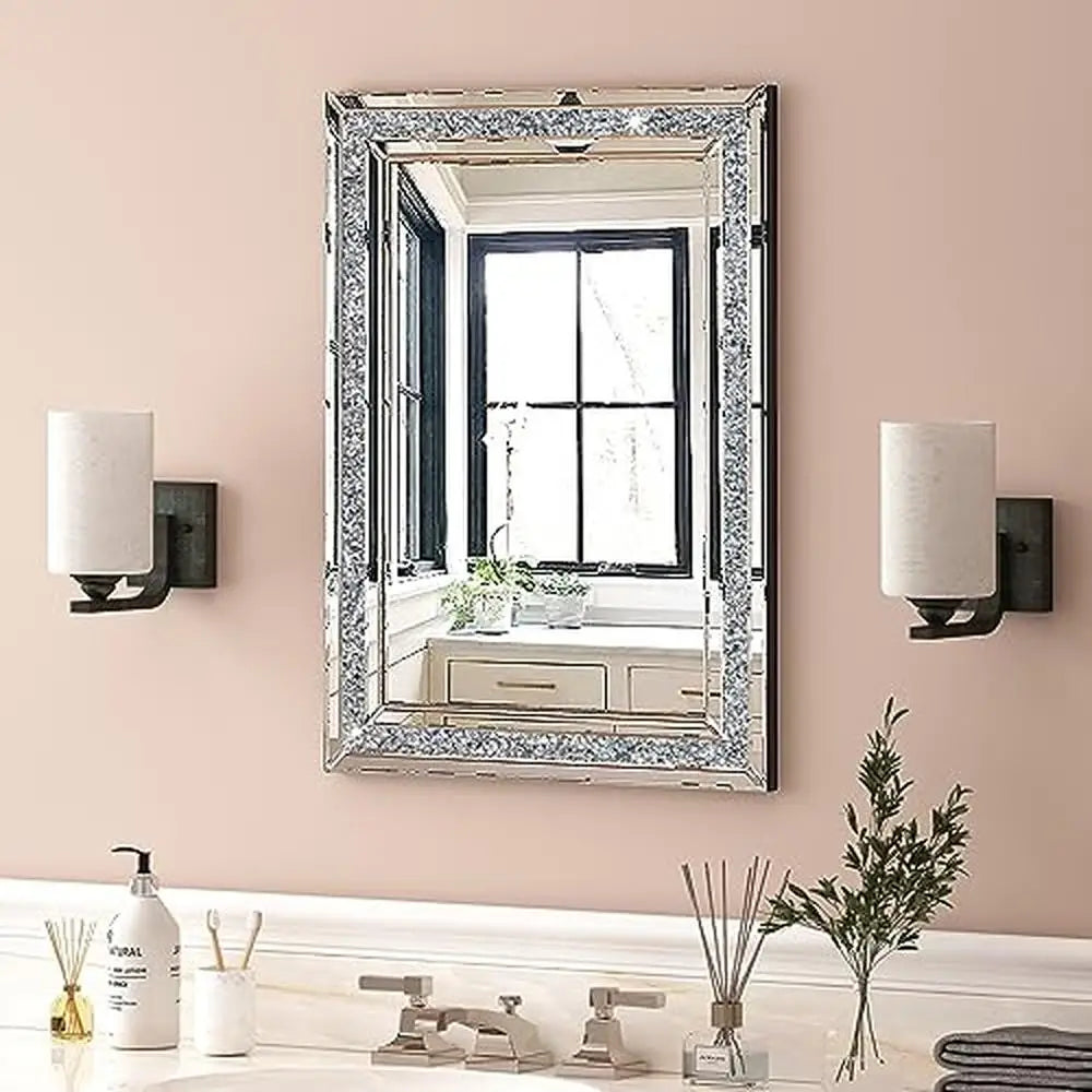Crushed Diamond Beveled Wall Mirror Silver Luxury Decor MDF