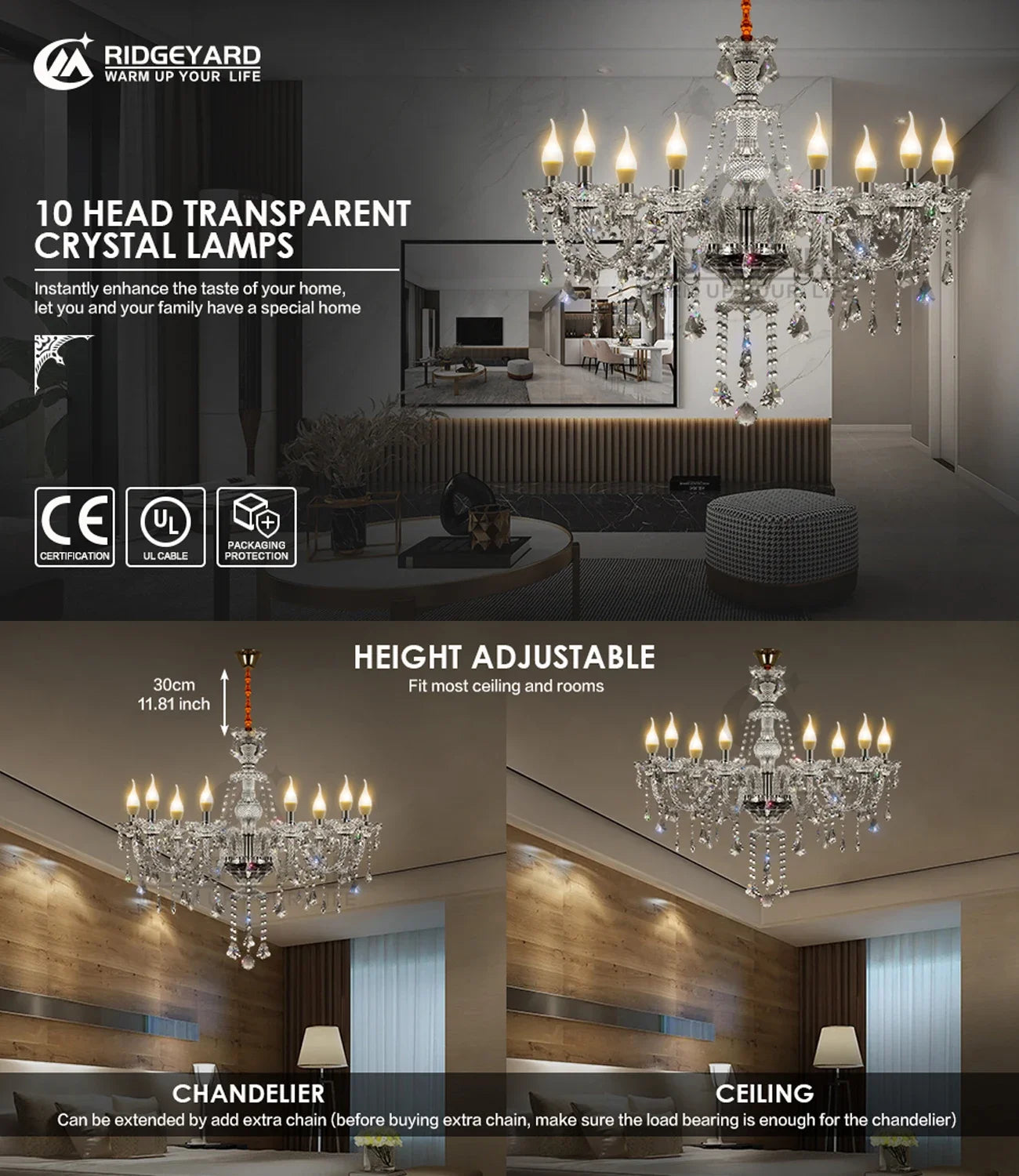 Ridgeyard Crystal Chandelier Modern Luxury Hallway Light
