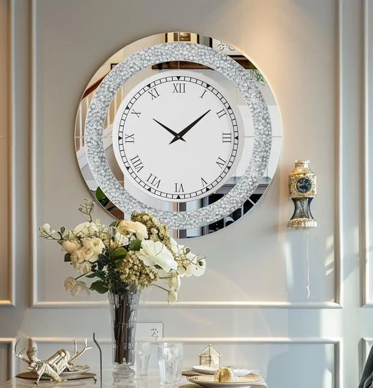 Bling Silver Round Mirror Wall Clock for Glam Home Decor