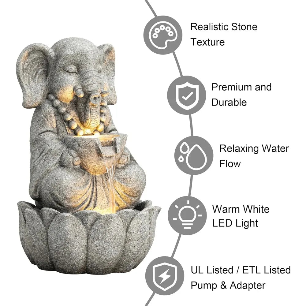 Zen Elephant Outdoor Water Fountain with LED Light