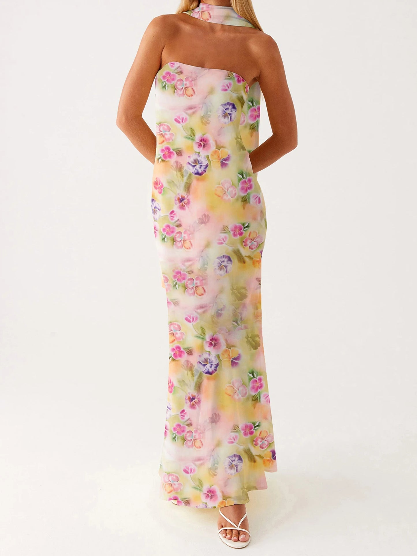Elegant Floral Print Strapless Maxi Dress with Headscarf