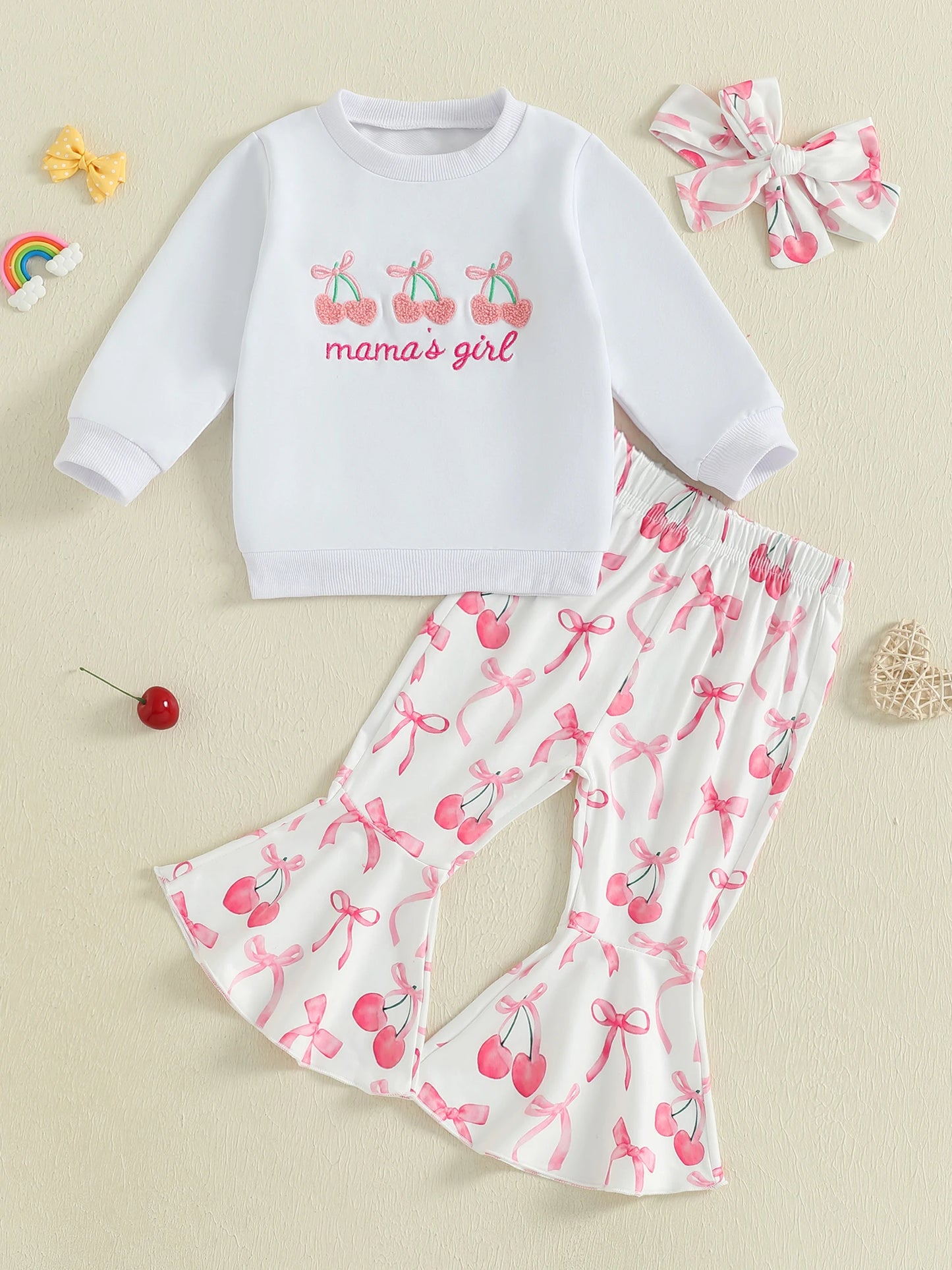 Toddler Girls Cherry Embroidery Outfit with Headband Set