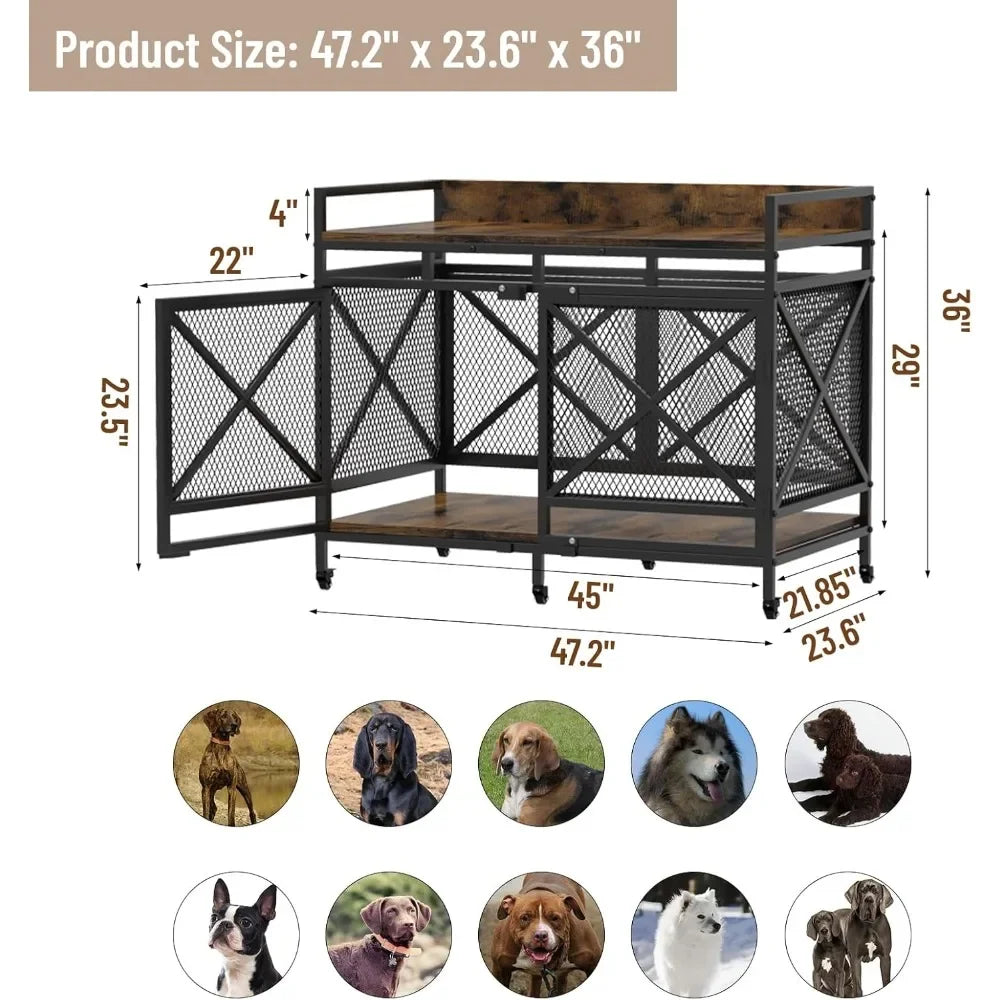 Wooden Dog Crate Furniture With Wheels 48 Inch Cage