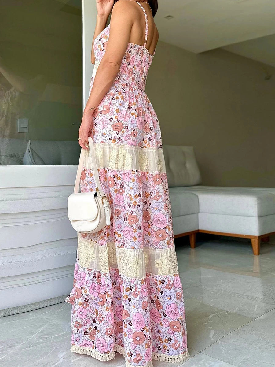 Floral Print Sleeveless Maxi Dress with Tassel Tie Detail