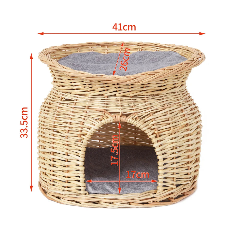 2-Tier Rattan Wicker Elevated Cat House with Soft Cushion