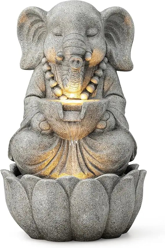 Zen Elephant Outdoor Water Fountain with LED Light