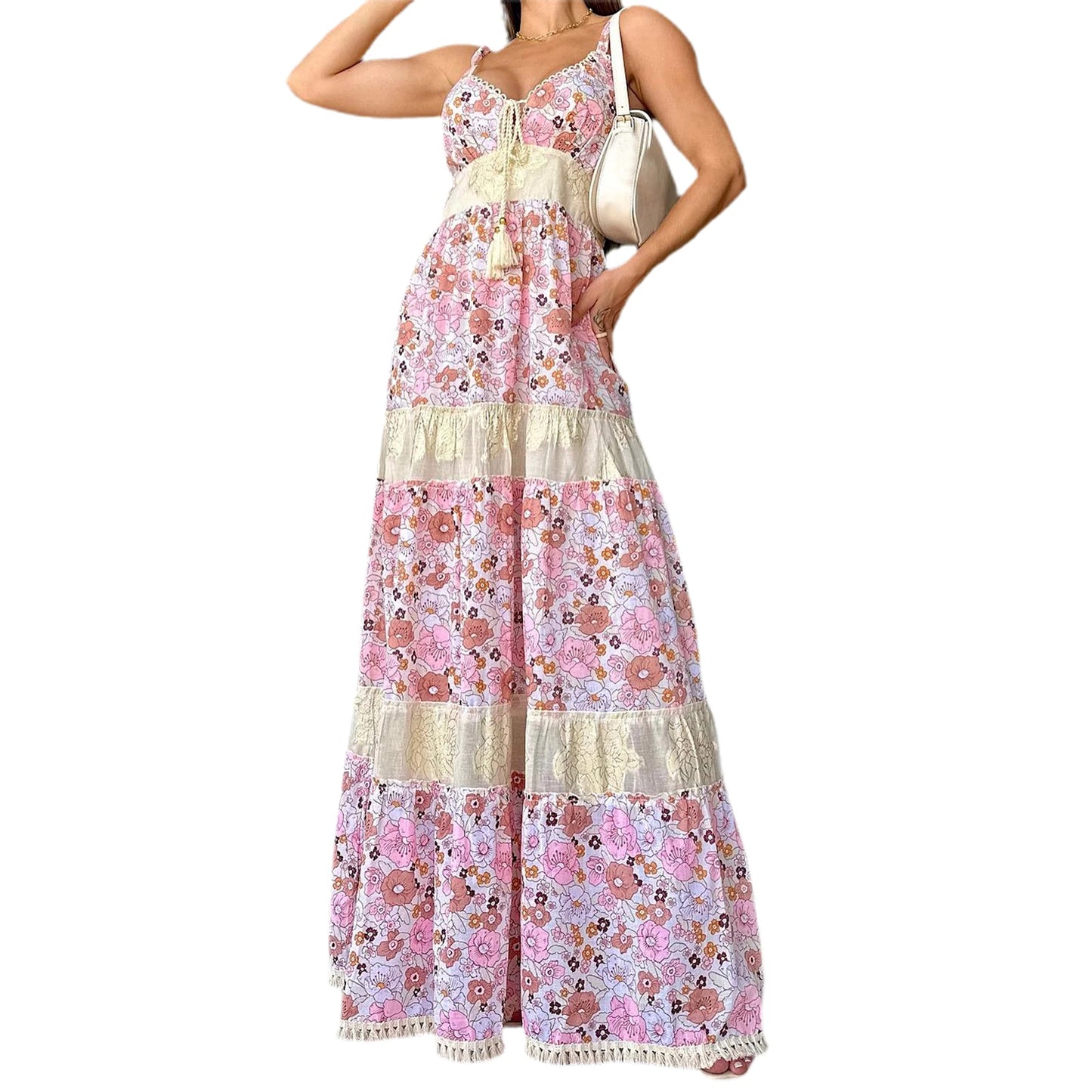 Floral Print Sleeveless Maxi Dress with Tassel Tie Detail