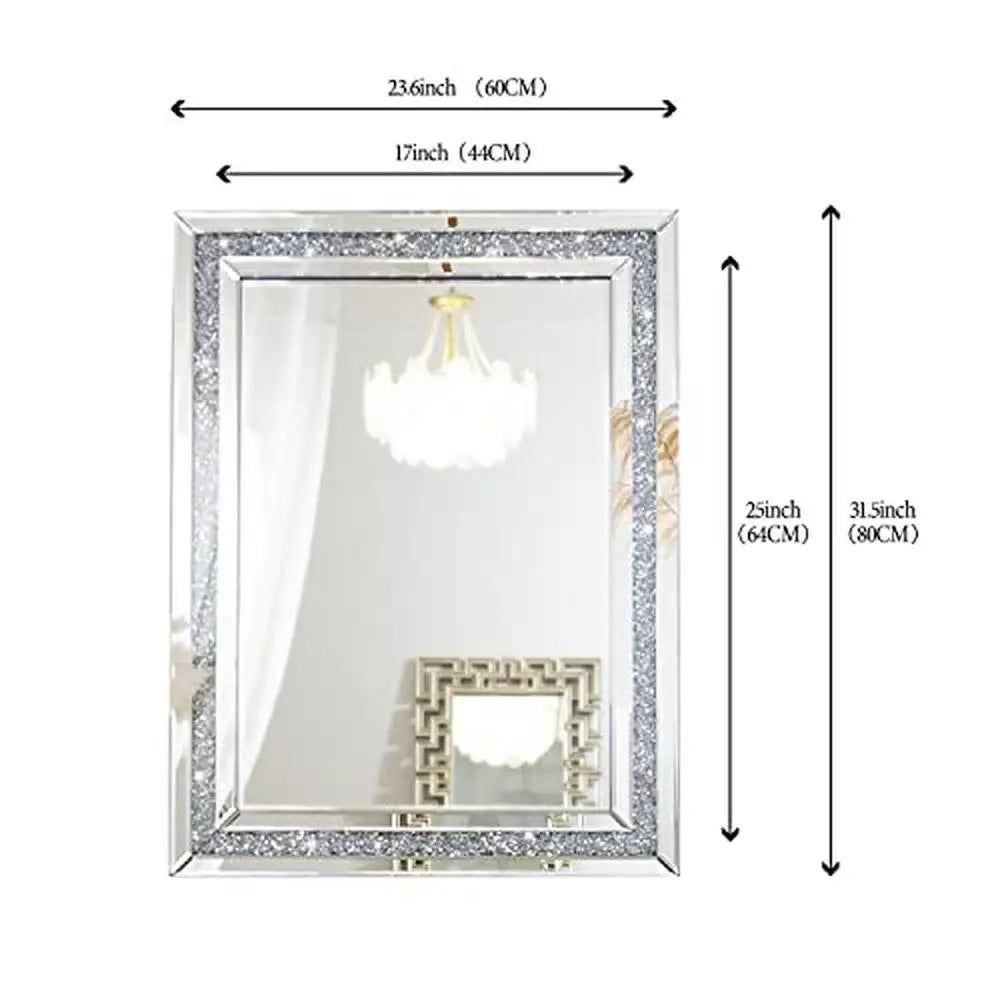Crushed Diamond Beveled Wall Mirror Silver Luxury Decor MDF