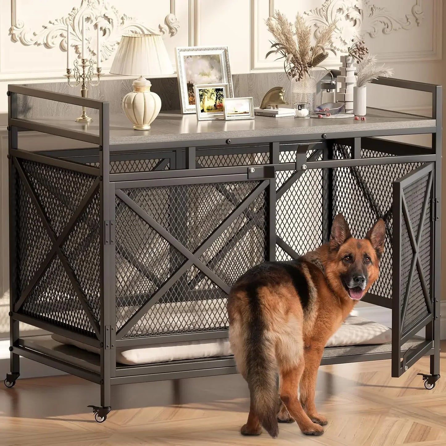 Wooden Dog Crate Furniture With Wheels 48 Inch Cage