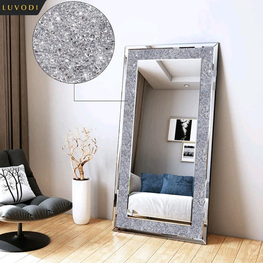 LUVODI Large Silver Sparkly Crystal Frameless Vanity Mirror