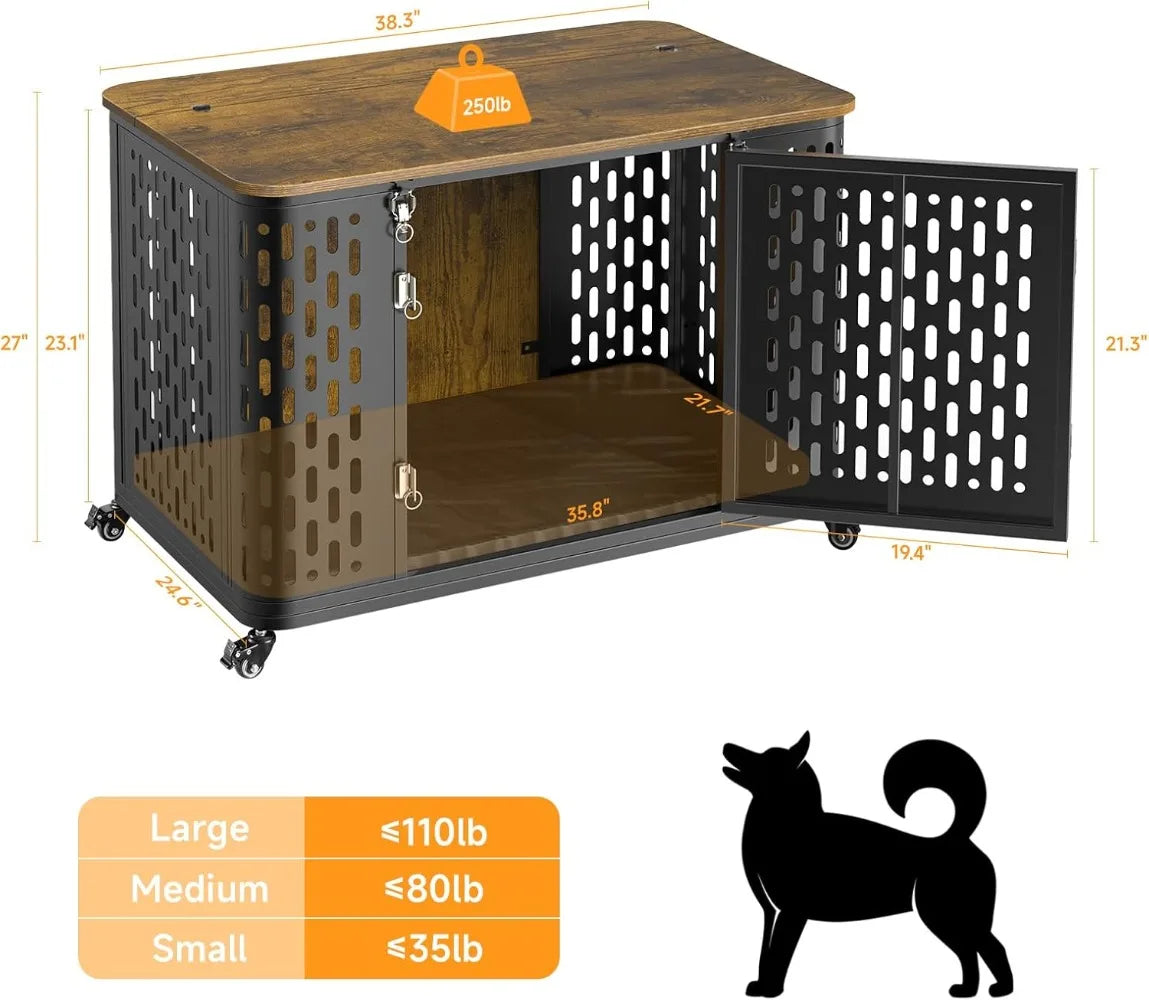 Heavy Duty Dog Crate Furniture with Cushion and Wheels