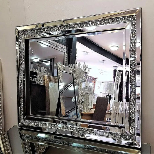 Crushed Diamond Beveled Wall Mirror Silver Luxury Decor MDF