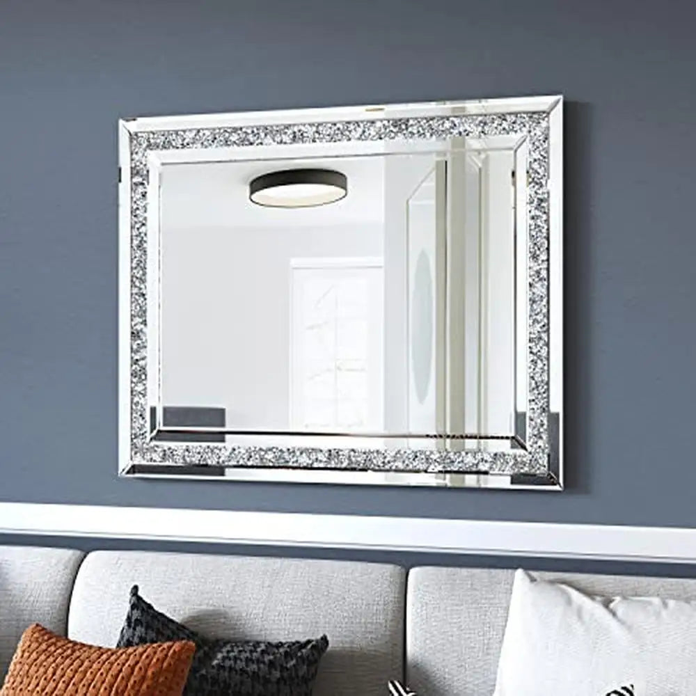 Crushed Diamond Beveled Wall Mirror Silver Luxury Decor MDF