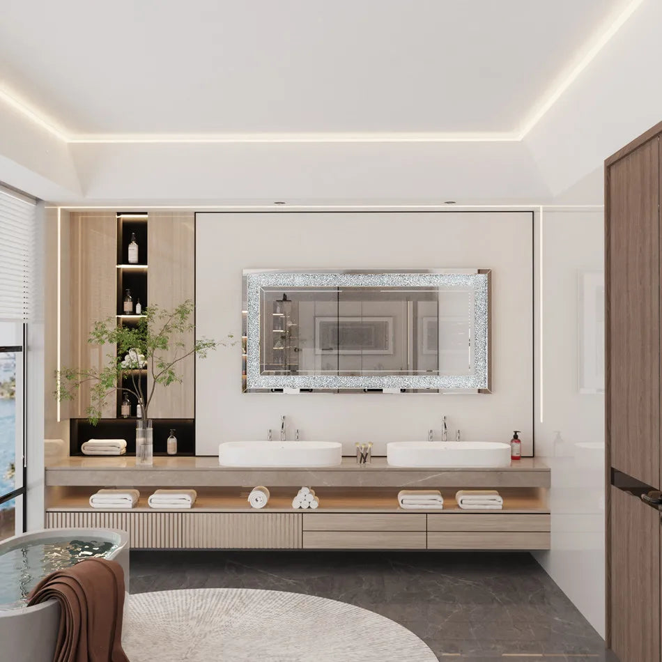 LUVODI Large Silver Sparkly Crystal Frameless Vanity Mirror