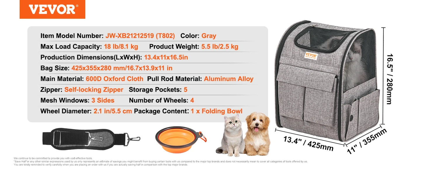 SucceBuy Pet Carrier Backpack With Wheels Telescopic Handle