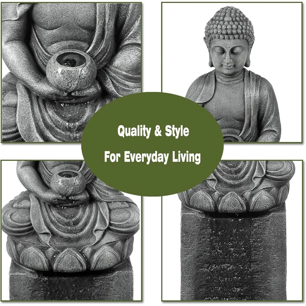 LuxenHome 35 Inch Buddha Outdoor Water Fountain with LED Lights