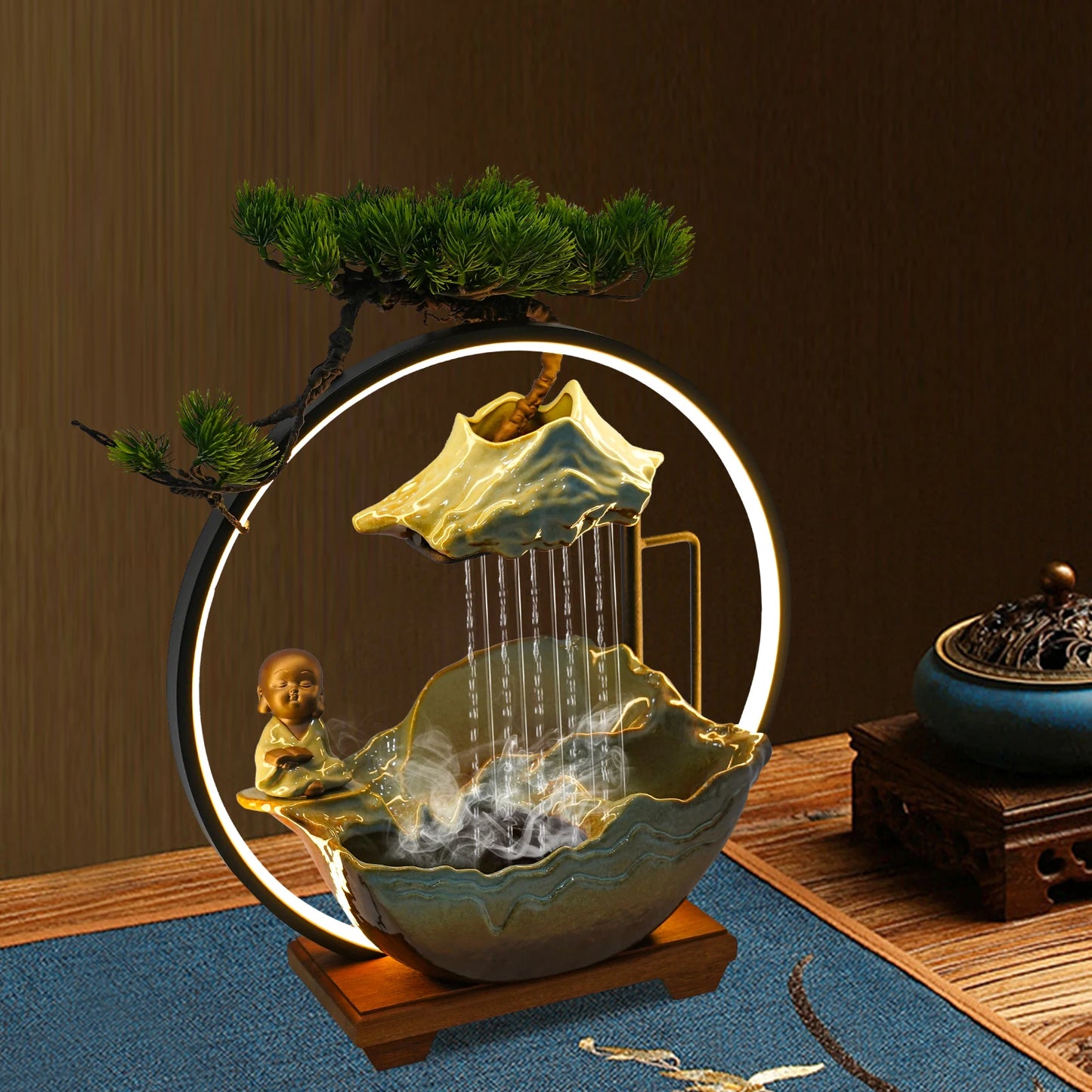 Modern Ceramic and Wood Tabletop Water Fountain for Zen