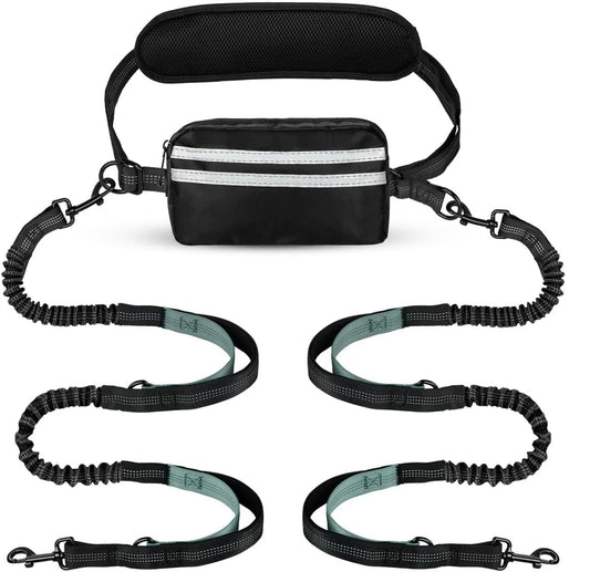 Hands Free Double Dog Leash with Padded Handles and Pouch