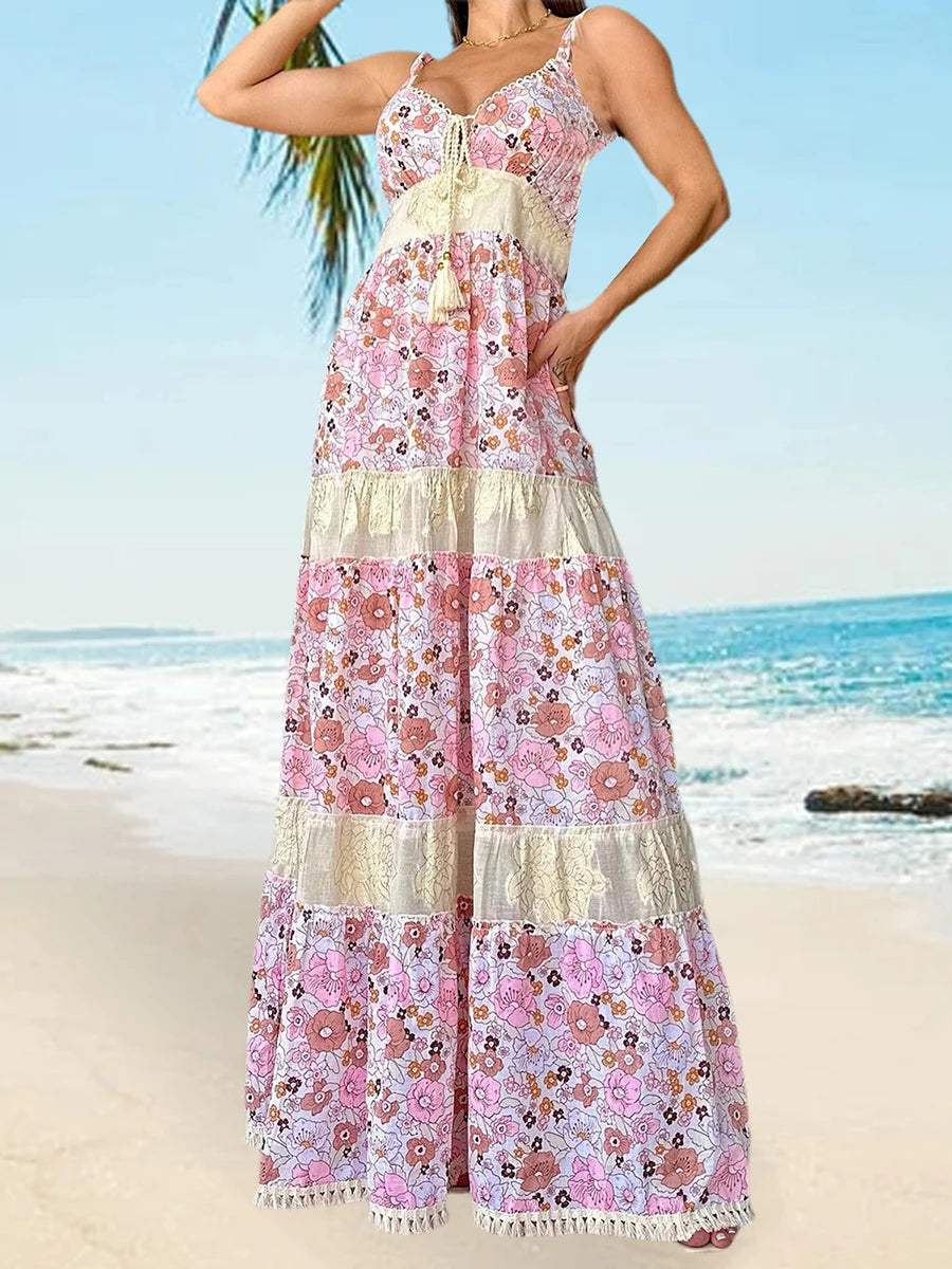 Floral Print Sleeveless Maxi Dress with Tassel Tie Detail