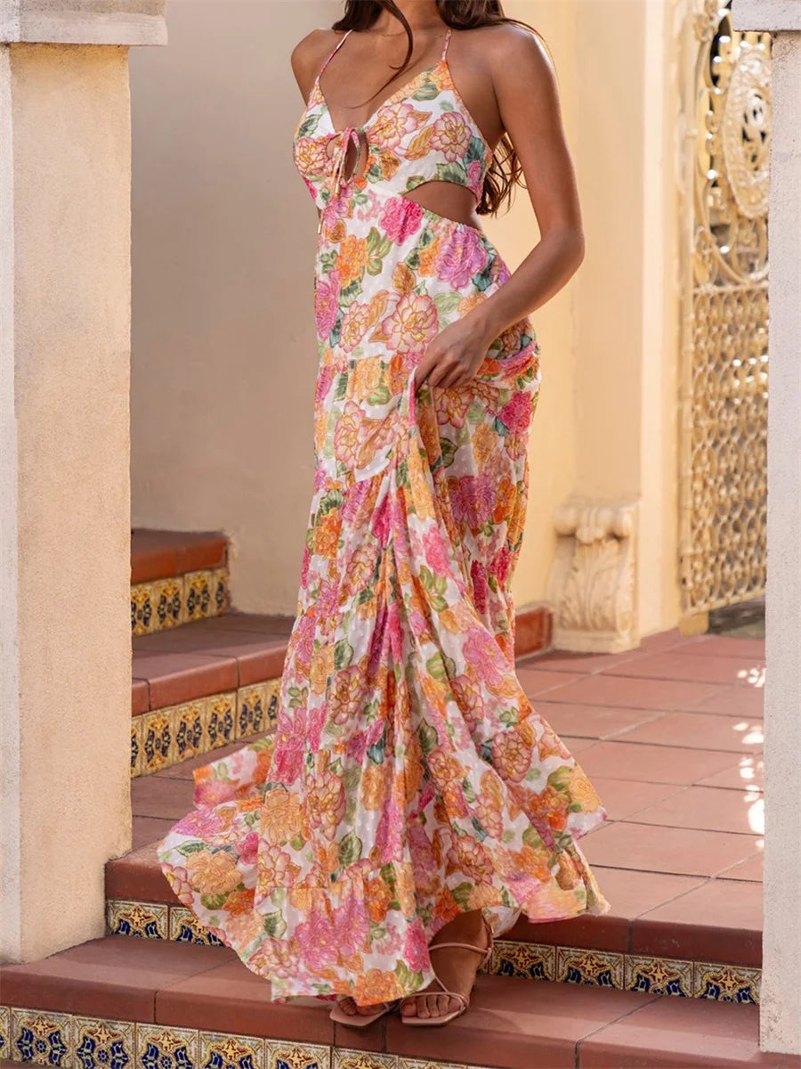 Elegant Boho Chic Maxi Dress with V-Neckline and Ruffles