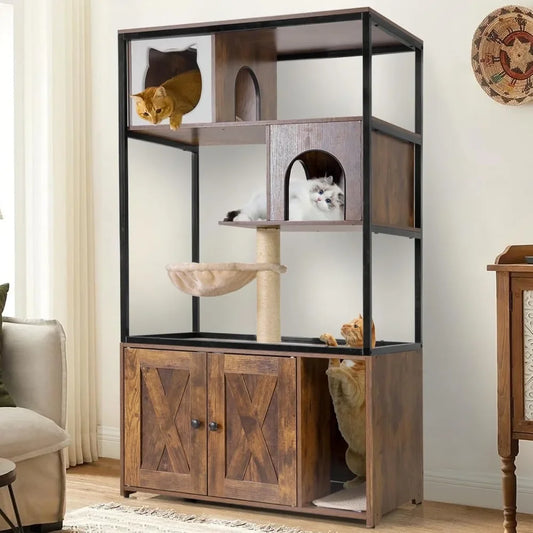 Modern Cat Litter Box Enclosure Cat Tree with Hammock