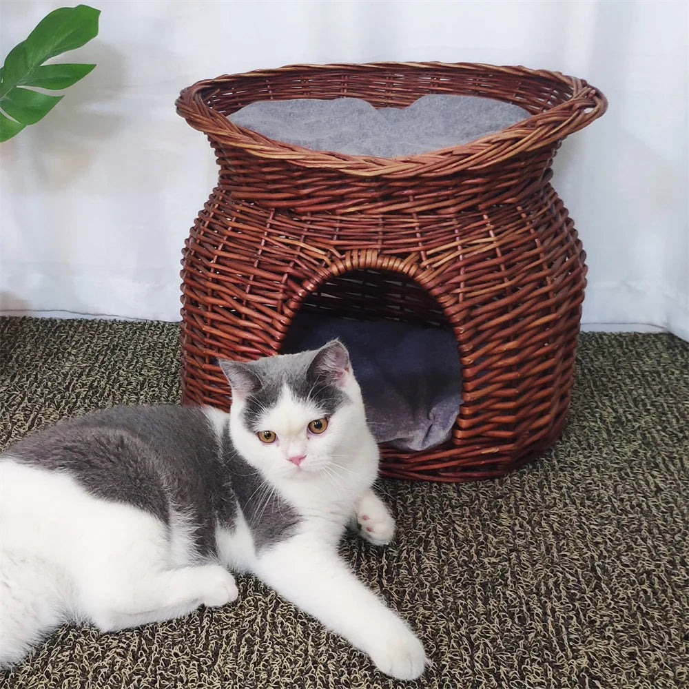 2-Tier Rattan Wicker Elevated Cat House with Soft Cushion