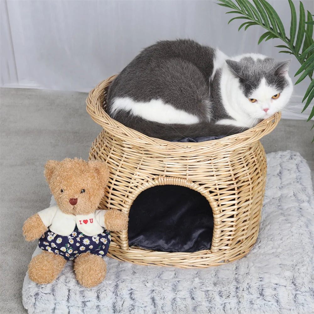 2-Tier Rattan Wicker Elevated Cat House with Soft Cushion