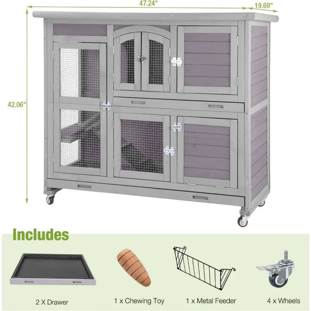 Indoor Outdoor Rabbit Hutch With Wheels And Plastic Tray 47 Inch
